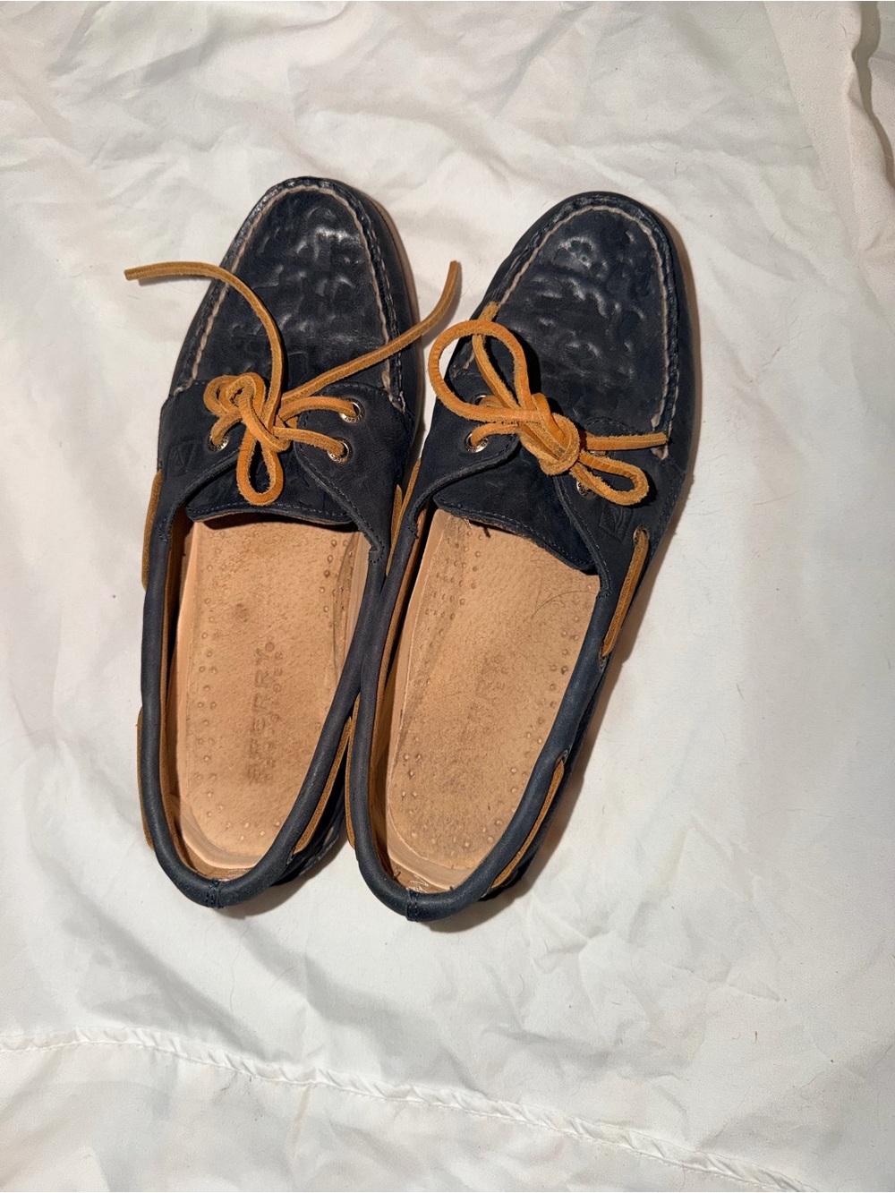 Sperry Navy and Tan Leather Moccasin Boat Shoes - Picture 2 of 6